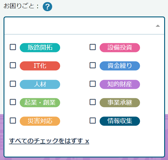 ミラサポplusの事例ナビの「お困りごと」検索項目